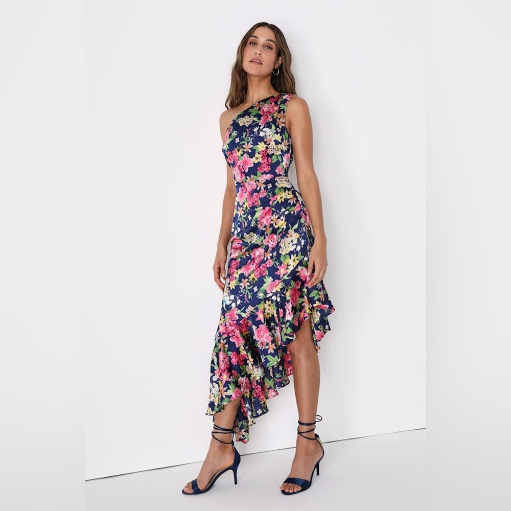 Lulus Divinely Blooming Blue Multi Floral One-Shoulder Ruffle Midi Dress Size XS